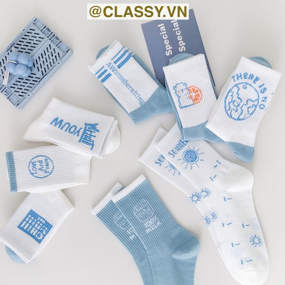 Classy Tất cổ cao, vớ cổ cao màu xanh trắng, chất cotton êm chân G1354