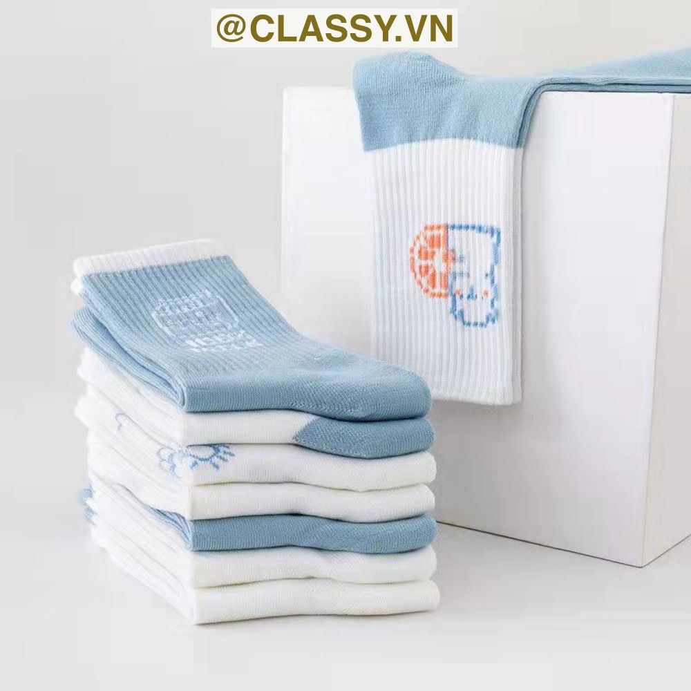 Classy Tất cổ cao, vớ cổ cao màu xanh trắng, chất cotton êm chân G1354