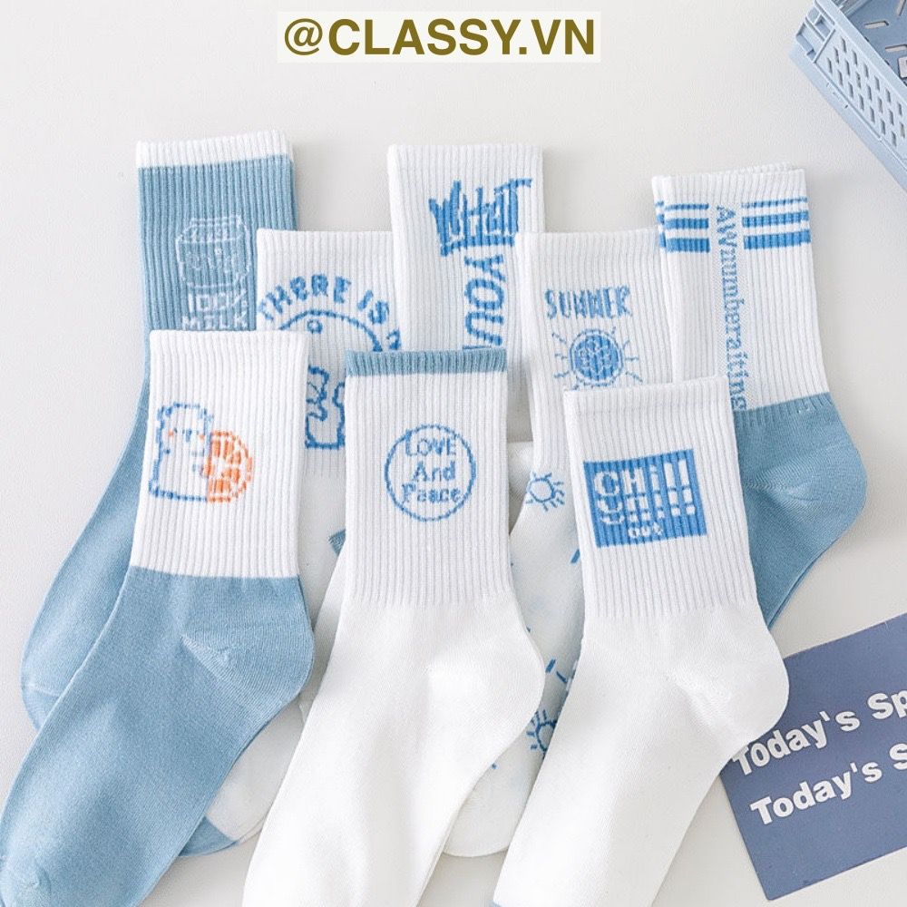 Classy Tất cổ cao, vớ cổ cao màu xanh trắng, chất cotton êm chân G1354