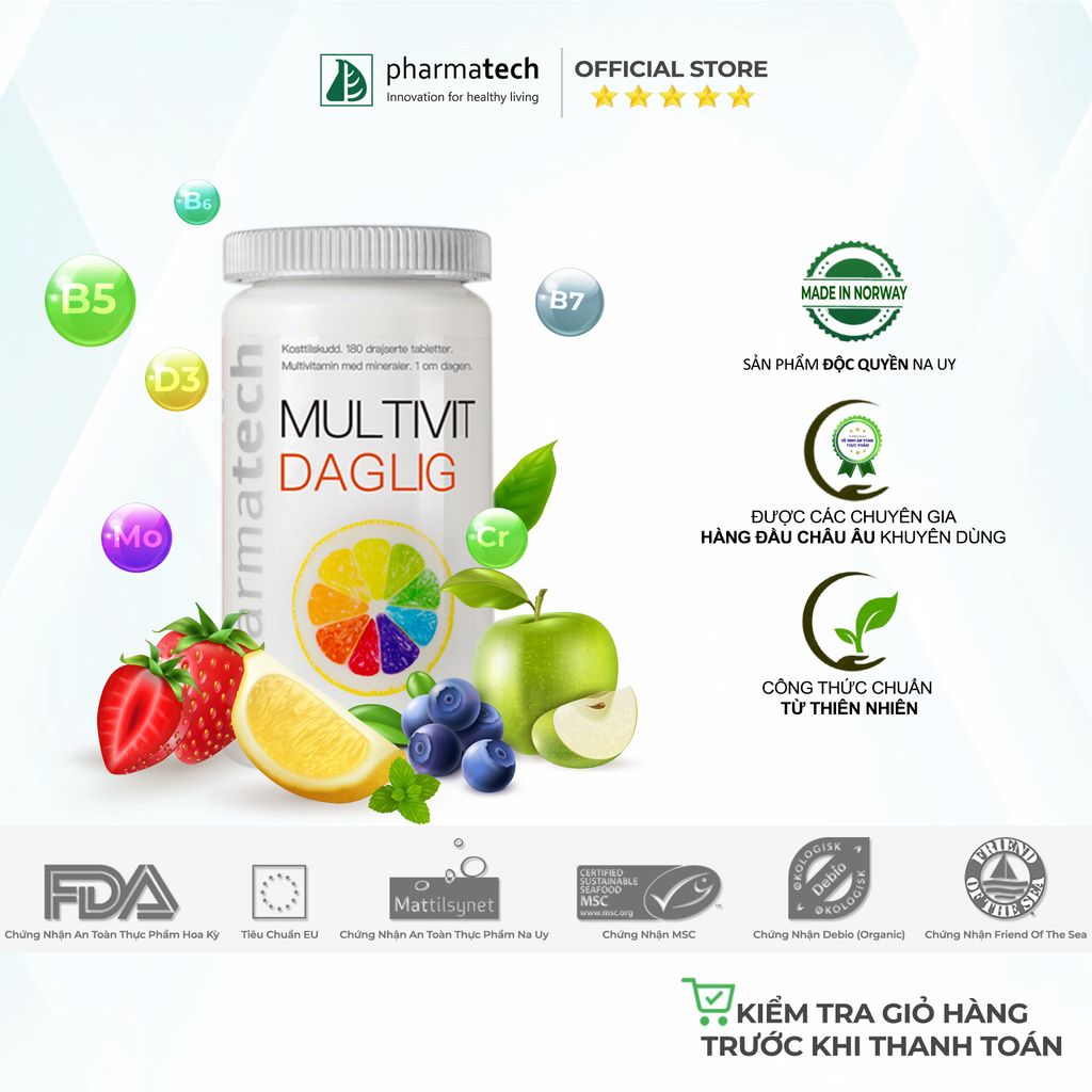 Viên nén bổ sung vitamin và khoáng chất Pharmatech Multivit Daglig - Lọ 180 viên