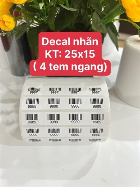 Nhãn decal giấy nhiệt 4 tem 25x15mm (11,000 tem/cuộn dài 50m)