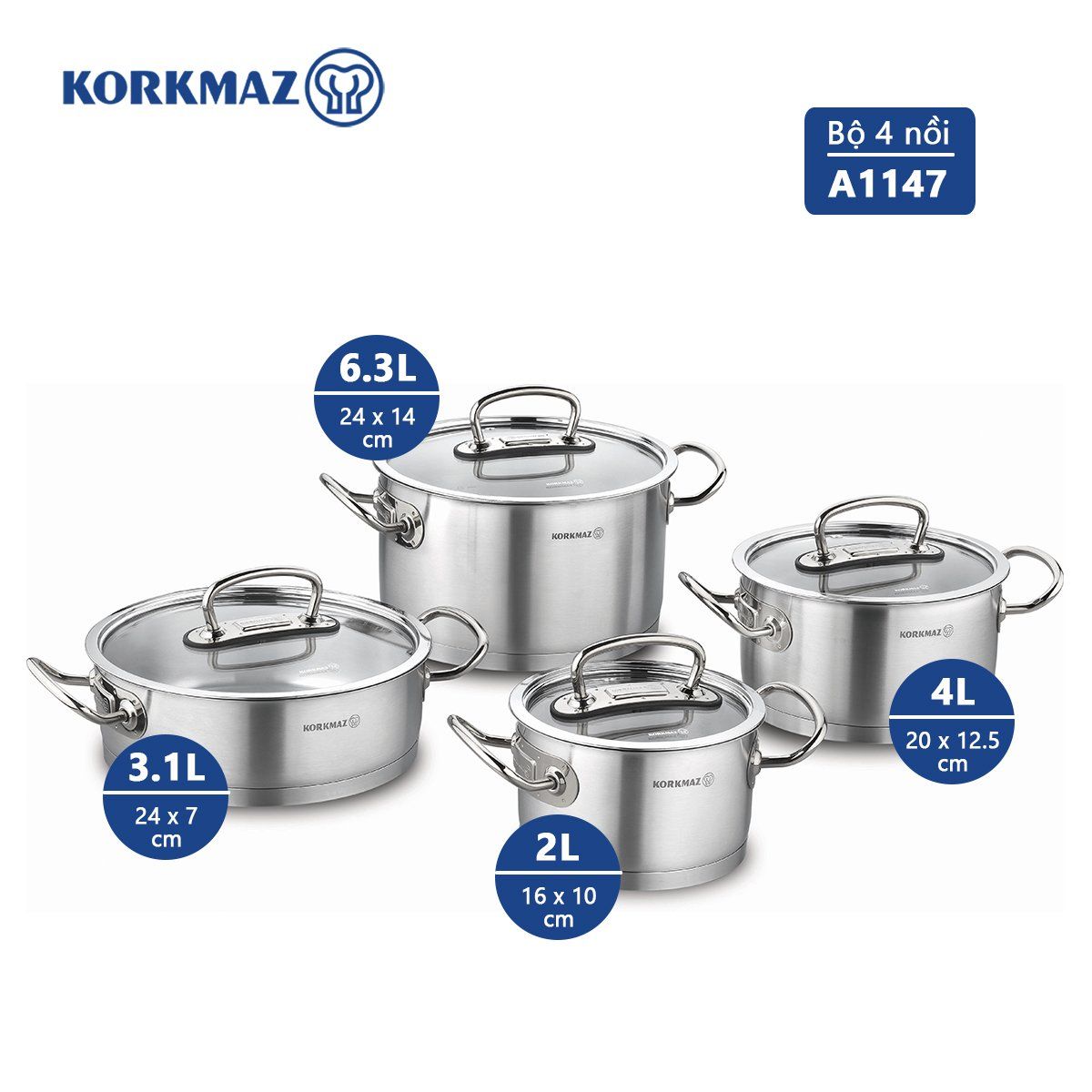 Bộ 4 nồi inox cao cấp Korkmaz Proline - A1147 nắp kính