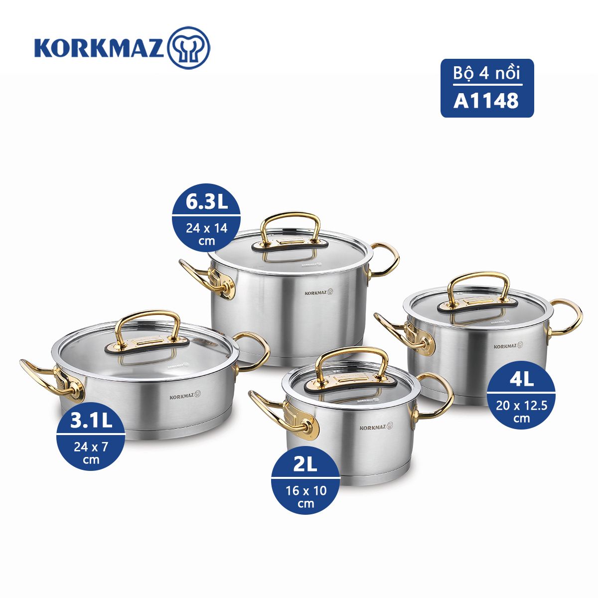 Bộ 4 nồi inox cao cấp Korkmaz Proline tay nắm màu vàng - A1148
