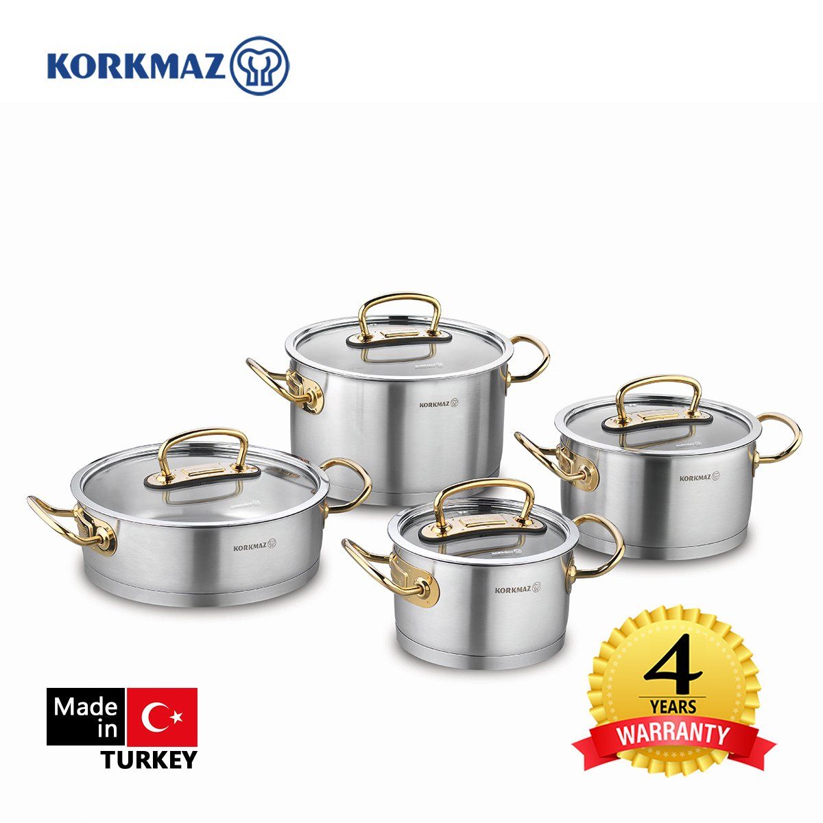 Bộ 4 nồi inox cao cấp Korkmaz Proline tay nắm màu vàng - A1148