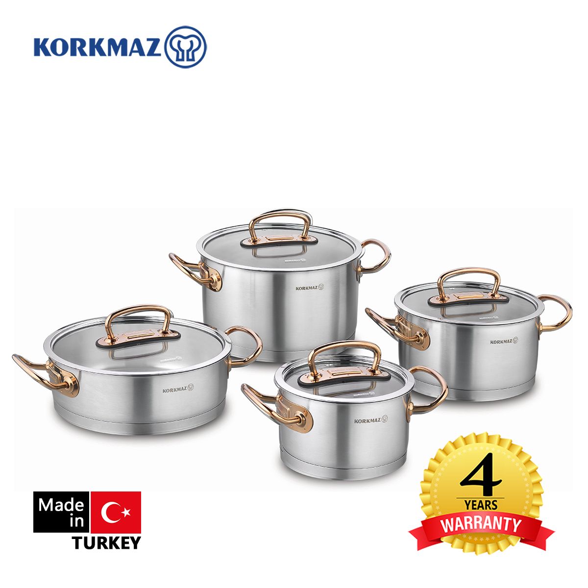 Bộ 4 nồi inox cao cấp Korkmaz Proline tay nắm màu hồng - A1149
