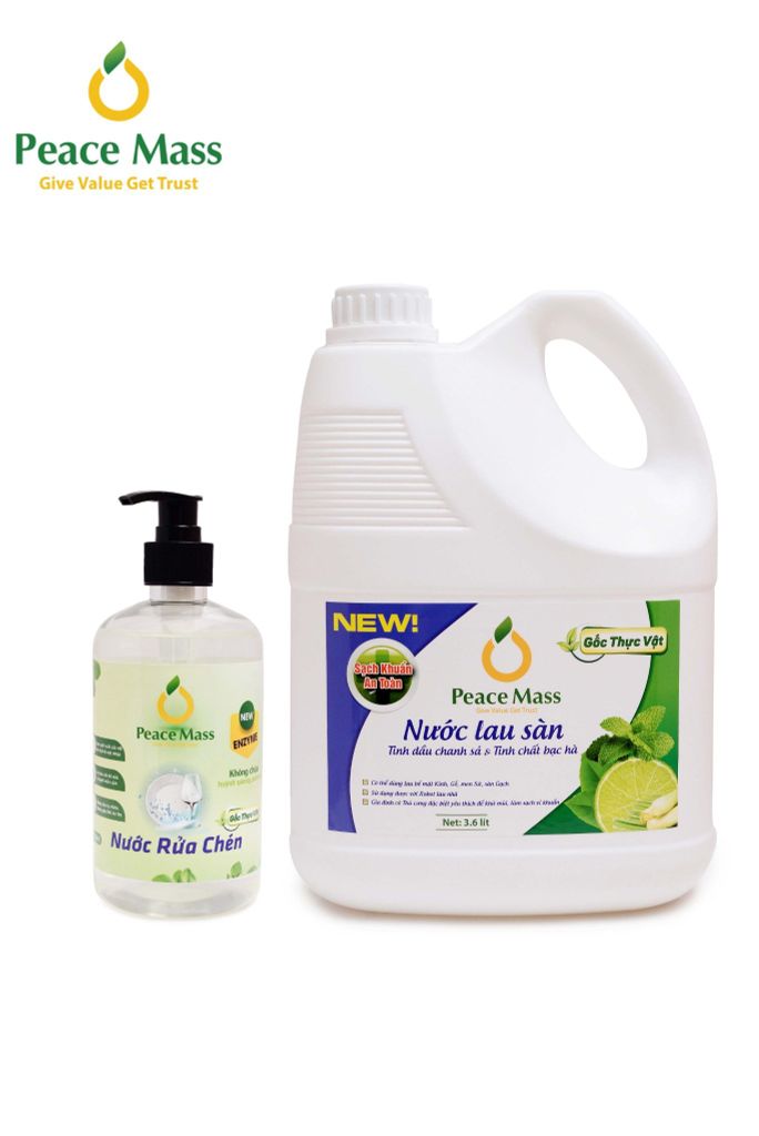 LSB1 Combo Sản Phẩm Gốc Thực Vật Peace Mass - Nước Lau Sàn TD Chanh Sả - Bạc Hà 3.6l + Nước Rửa Chén 500ml (Thuộc nhóm Sản phẩm Lành tính / Hữu cơ)