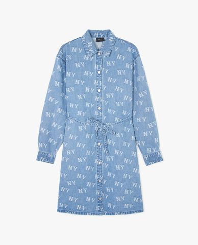 MLB - Đầm sơ mi denim cổ bẻ tay dài Classic Jacquard Monogram