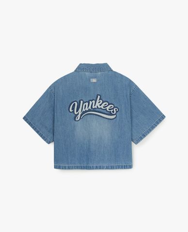 MLB - Áo sơ mi denim nữ cổ bẻ tay ngắn Varsity Logo
