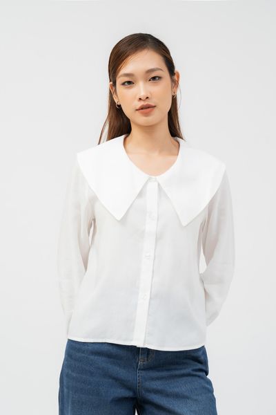  Áo sơ mi nữ tay bồng cổ rộng vải tencel 