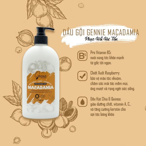  Dầu gội - xả Gennie Natural Care Shampoo - Macadamia for Damaged Hair 400ml 
