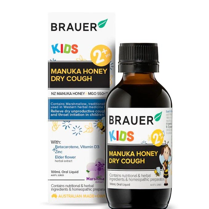 Siro giảm ho khan, kích ứng cổ họng cho trẻ từ 2 tuổi Brauer Manuka Honey Dry Cough 100ml