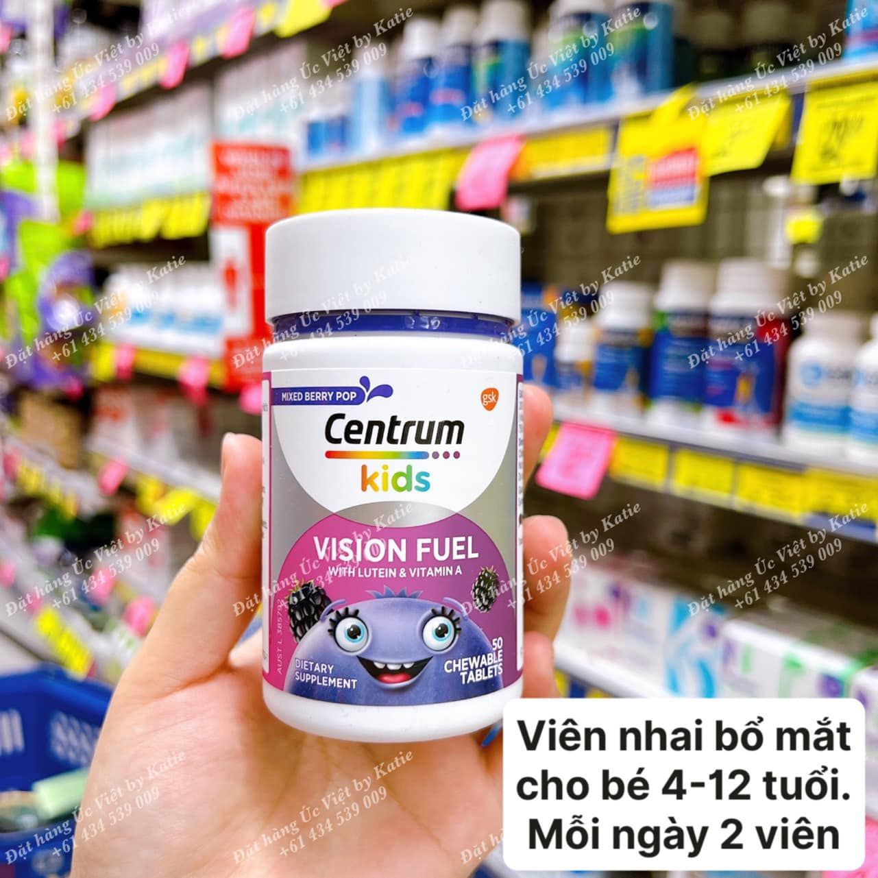Viên nhai bổ mắt dành cho bé từ 4 tuổi hộp 50 viên Centrum Kids Vision Fuel 50 Chewable Tablets