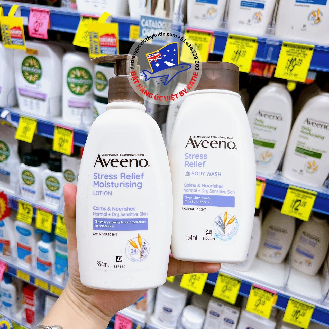 Sữa tắm và sữa dưỡng thể cấp ẩm hương Lavender Aveeno Active Naturals Stress Relief Body Wash/Lotion