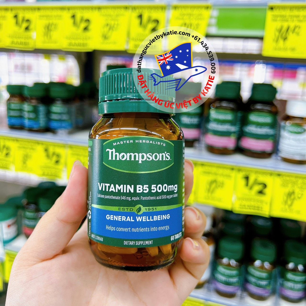 Viên uống bổ sung vitamin B5 hỗ trợ máu và giảm căng thẳng Thompson’s B5 Pantothenic Acid 500mg 60 viên