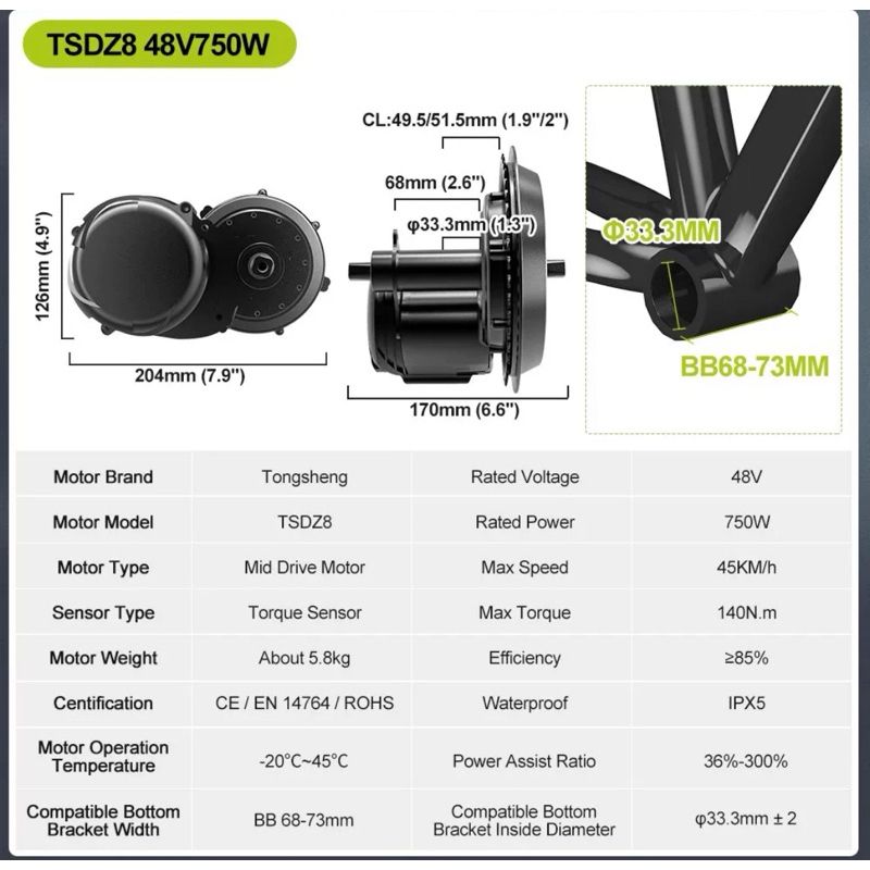 Bộ chuyển đổi động cơ truyền động giữa cảm biến mô-men xoắn TONGSHENG TSDZ8 48V 750W
