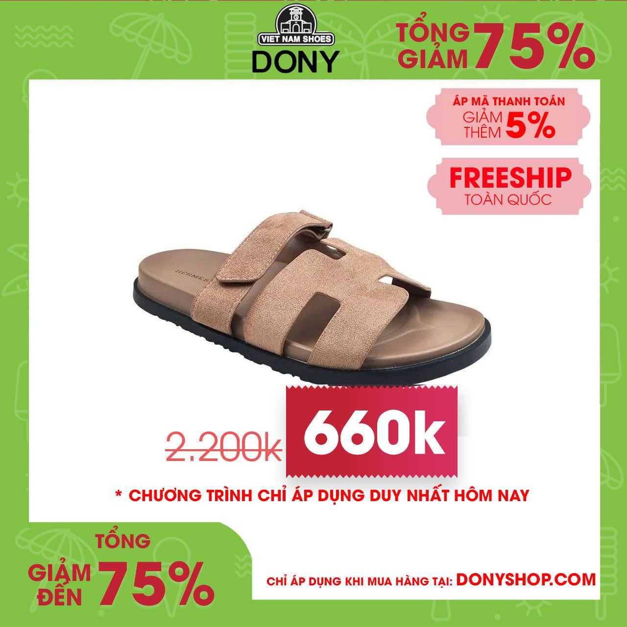 Dép Nữ Sandal Da Hermes Chypre (chữ H)