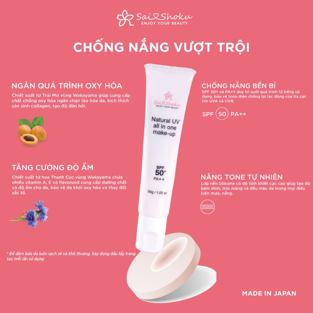 KEM CHỐNG NẮNG, DƯỠNG ẨM, NÂNG TONE SAI SHOKU SPF 50+ PA ++ NHẬT BẢN