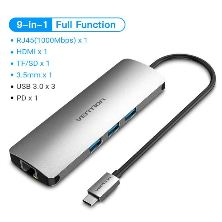 Hub Mở Rộng Đa Năng 9-in-1 VENTION CGN (Type C to 1*HDMI 4K@30Hz, 1*RJ45 1Gbps, 3*USB 3.0, 1*3.5mm)