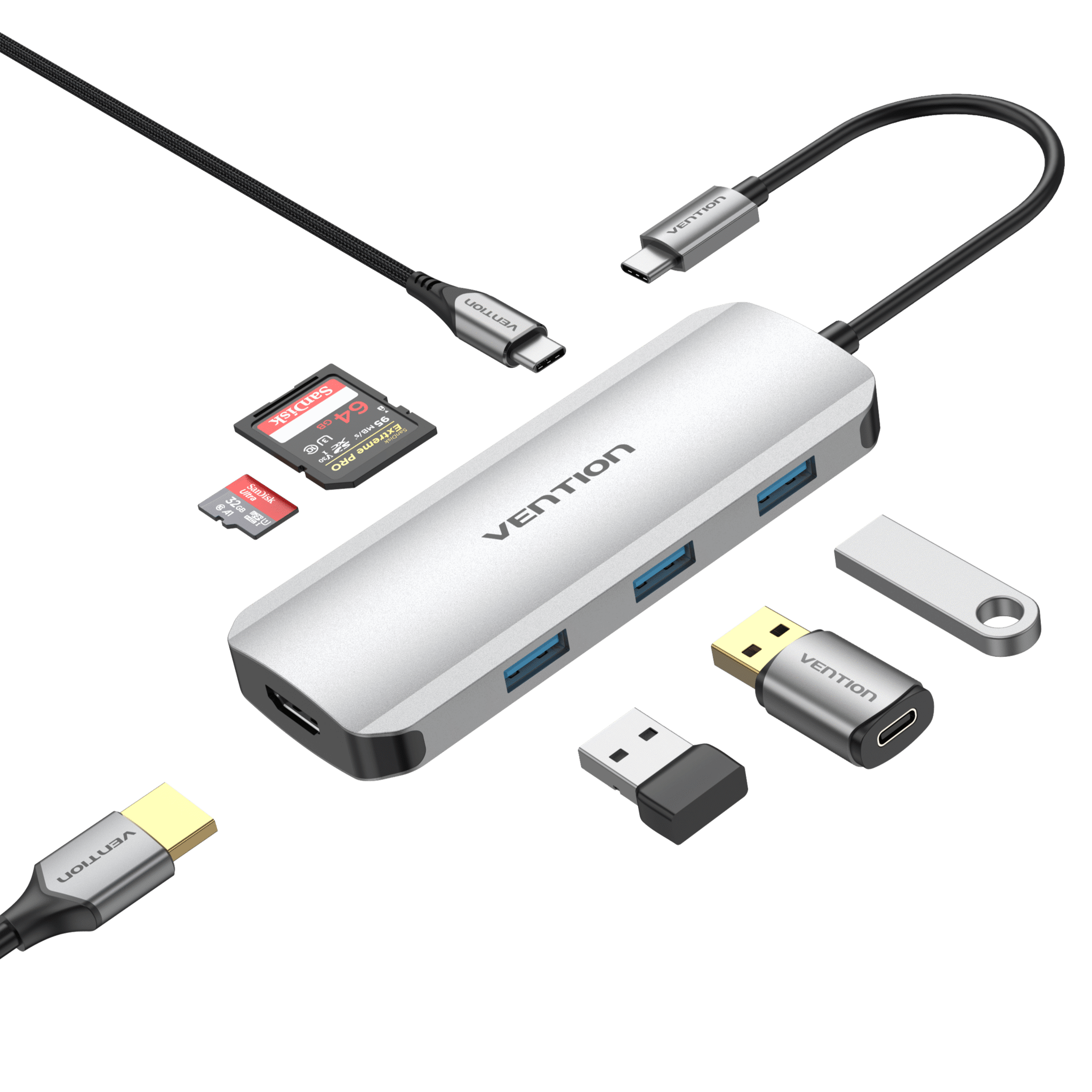 HUB Chuyển Đối Đa Năng 7-in-1 VENTION TOJ (3*USB3.0, 1*HDMI 4K@30Hz, 1*USB-C PD, 1*SD, 1*TF Card)