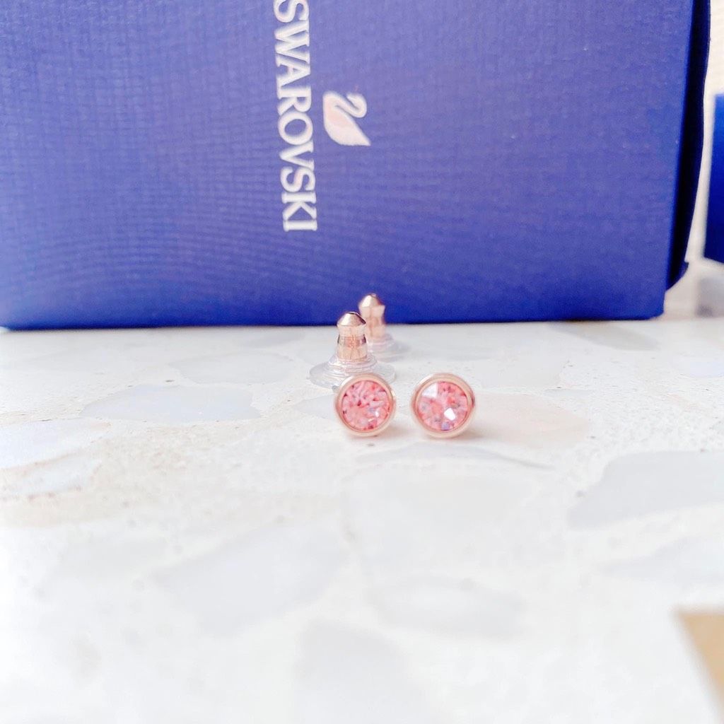 Khuyên nụ hồng Swarovski - Solitaire stud earrings Round cut, Pink, Rose gold-tone plated