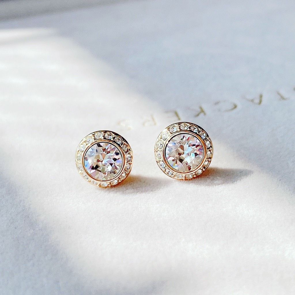 Khuyên Swarovski Angelic màu vàng - Swarovski Angelic stud earrings Round cut, White, Gold-tone plated