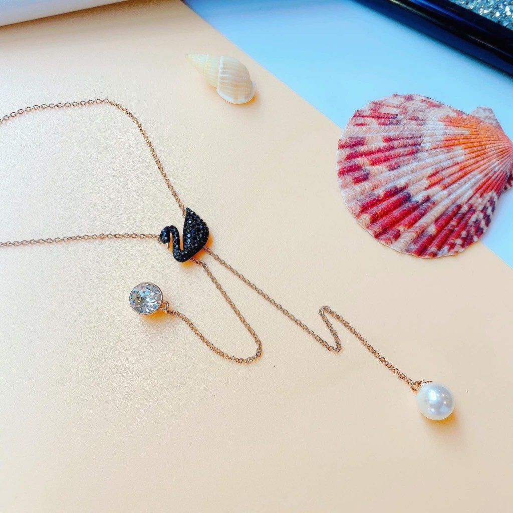 Dây chuyền thiên nga đen chữ Y Swarovski màu vàng hồng - Swarovski Iconic Swan Double Y Necklace, Black, Rose gold-tone plated