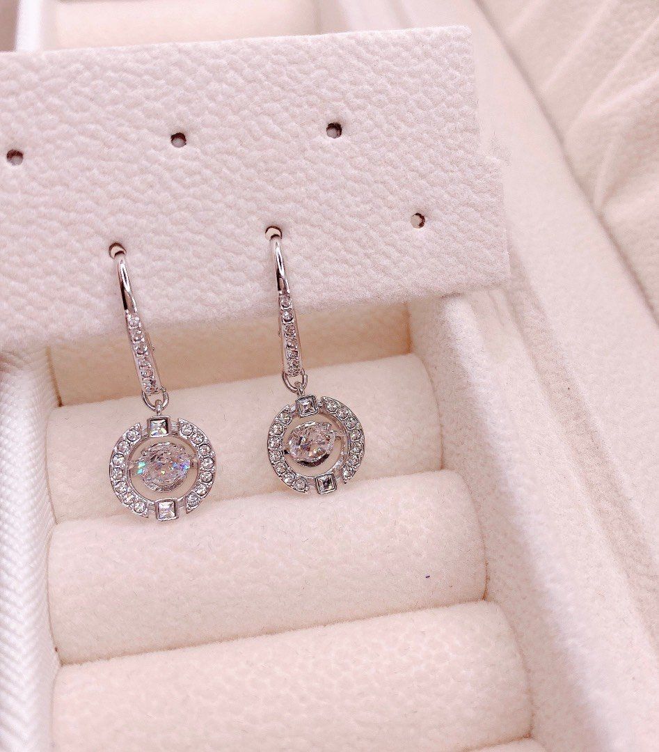 Khuyên tai đá nhảy Swarovski màu trắng - Swarovski Sparkling Dance drop earrings Round cut, White, Rhodium plated