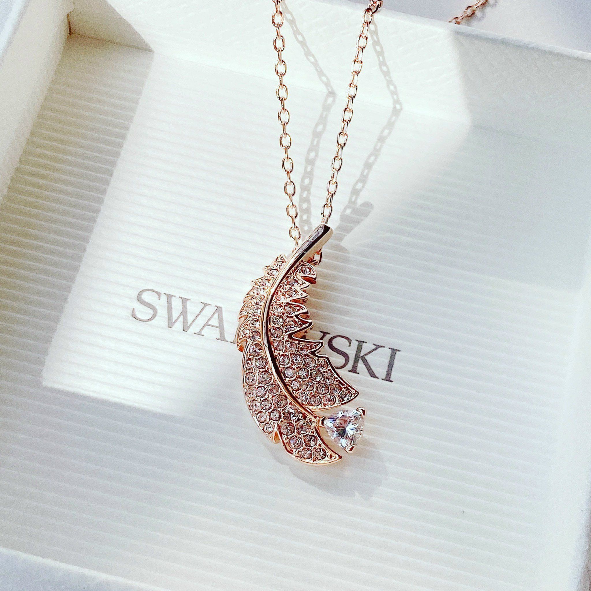 Nice pendant Feather, White, Rose gold-tone plated