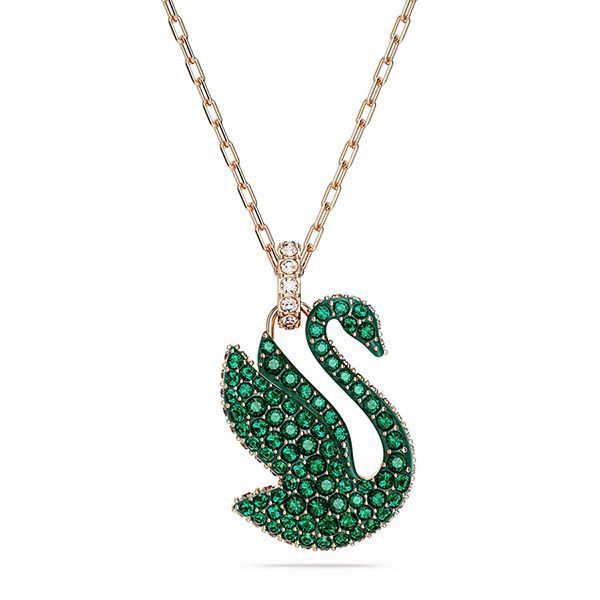 Dây chuyền thiên nga Swarovski tung cánh mẫu new màu xanh lá - Swarovski Iconic Swan pendant Swan, Medium, Green, Rose gold-tone plated