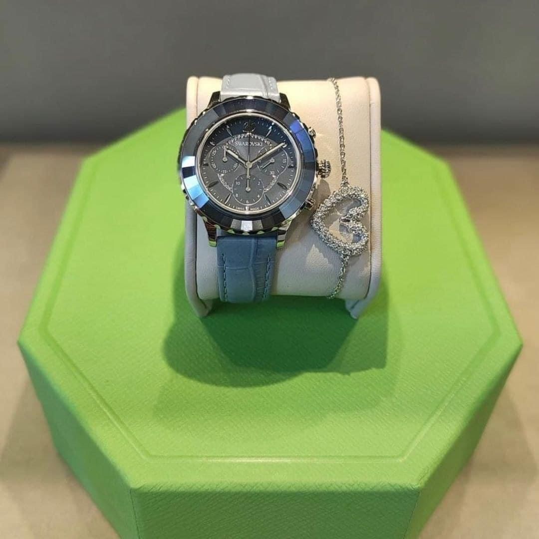 Đồng hồ Swarovski Octea Lux cao cấp xanh biển - Swarovski Octea Lux Chrono watch Swiss Made, Leather strap, Blue, Stainless steel