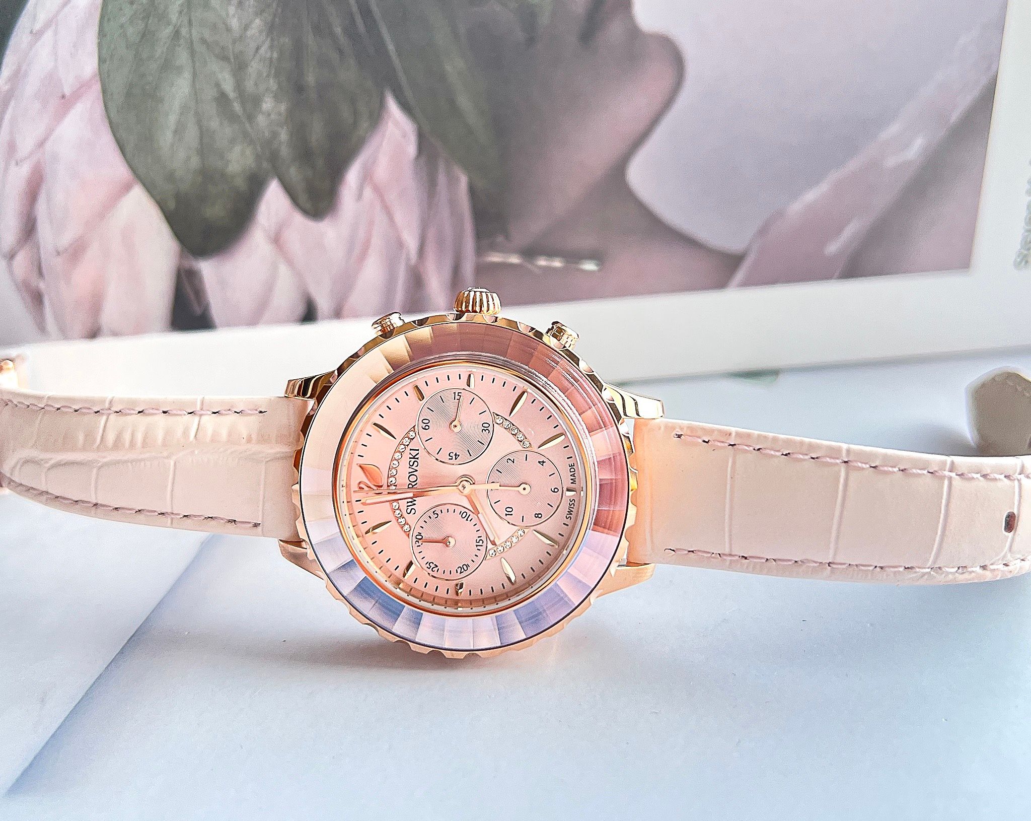 Đồng hồ Swarovski Octea Lux hồng - Swarovski Octea Lux Chrono watch Swiss Made, Leather strap, Pink, Rose gold-tone finish