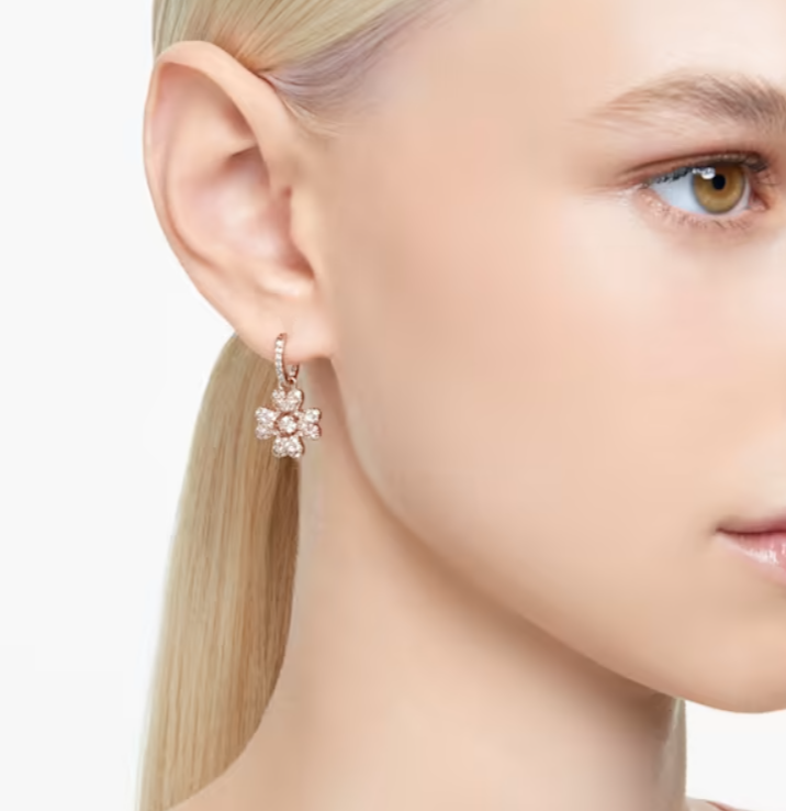 Khuyên tai Swarovski Idyllia cỏ bốn lá trắng vàng hồng -Swarovski Idyllia drop earrings Clover, White, Rose gold-tone plated