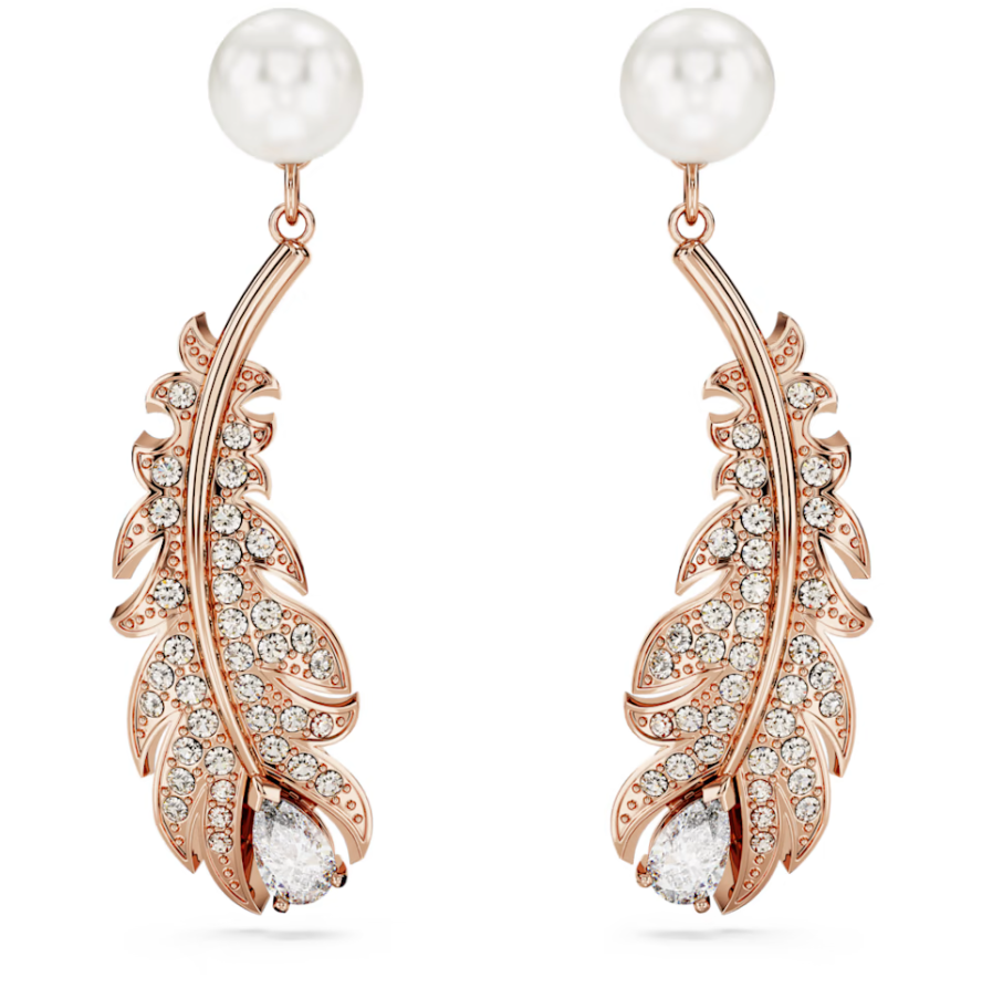 Khuyên tai Swarovski lông vũ mix trai vàng hồng - Swarovski Nice drop earrings Mixed cuts, Feather, White, Rose gold-tone plated