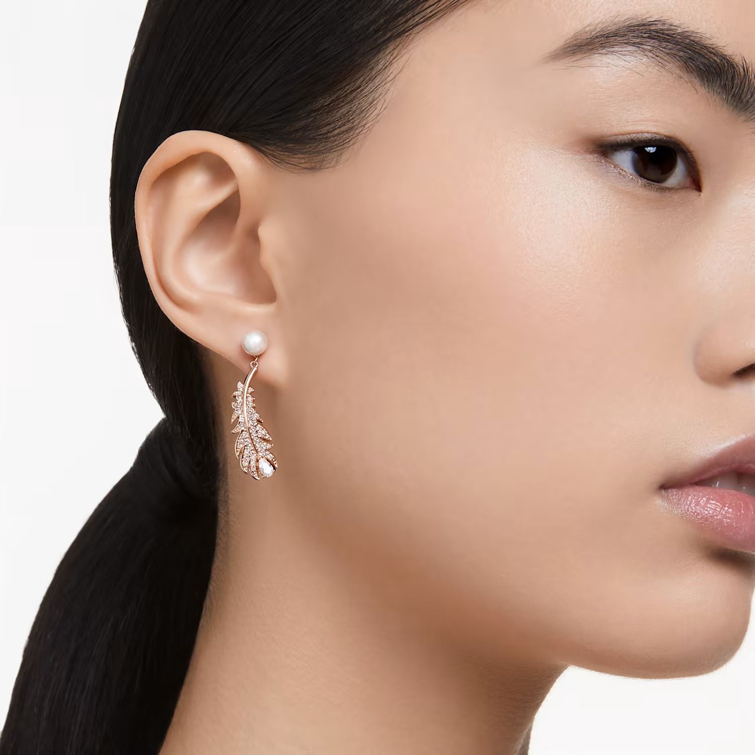 Khuyên tai Swarovski lông vũ mix trai vàng hồng - Swarovski Nice drop earrings Mixed cuts, Feather, White, Rose gold-tone plated
