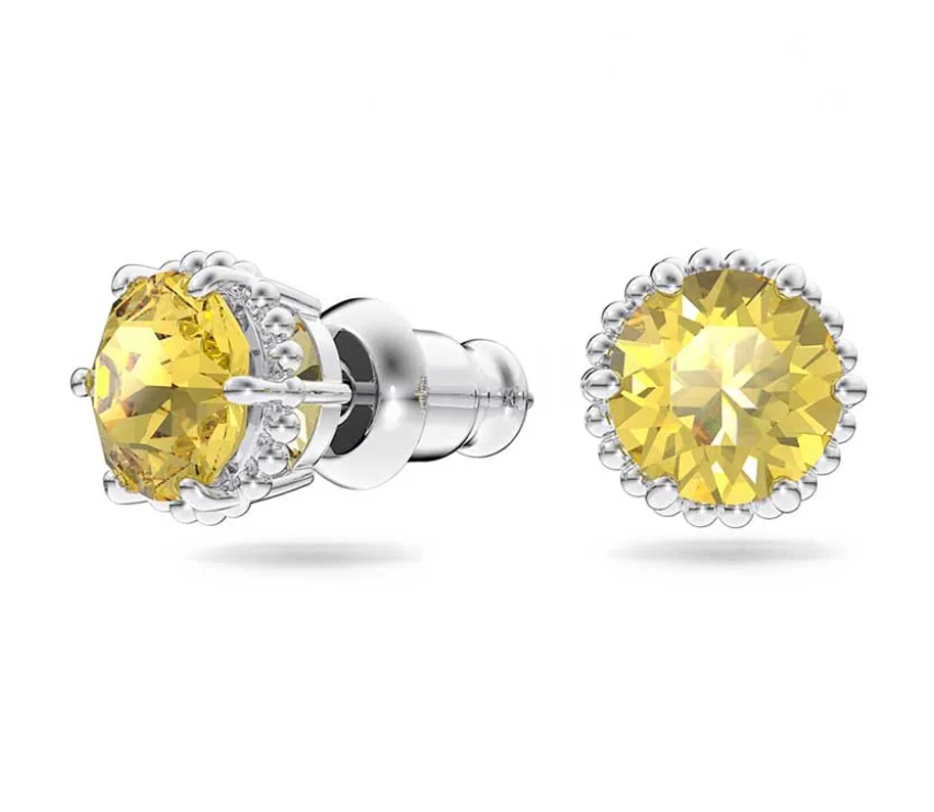 Birthstone stud earrings Round cut, November, Yellow, Rhodium plated