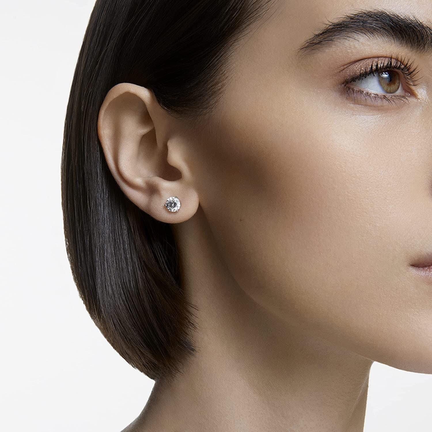 Khuyên nụ tròn Swarovski Solitaire màu trắng - Swarovski Solitaire stud earrings Round cut, White, Rhodium plated
