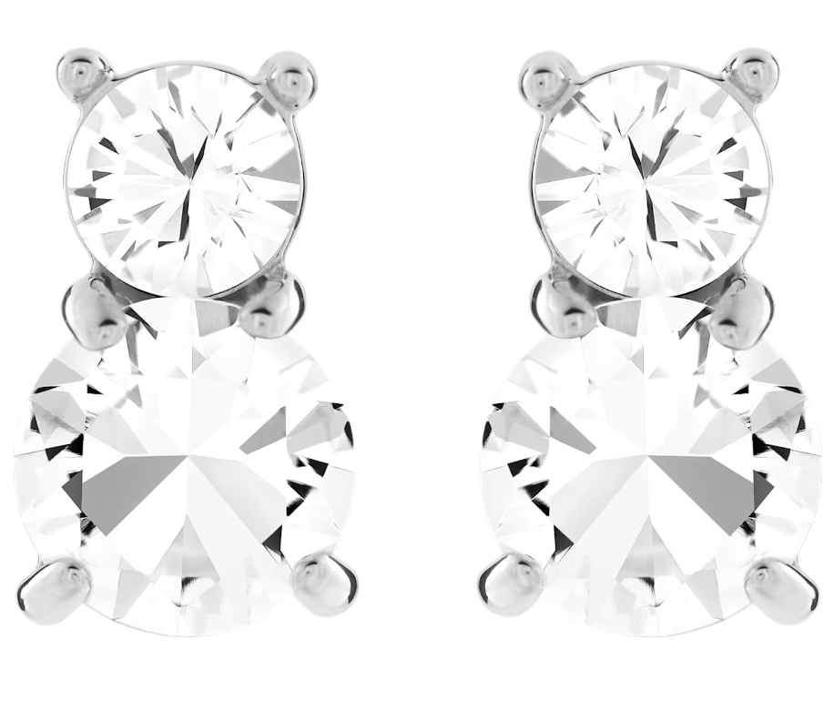 Solitaire stud earrings Round cut, White, Rhodium plated