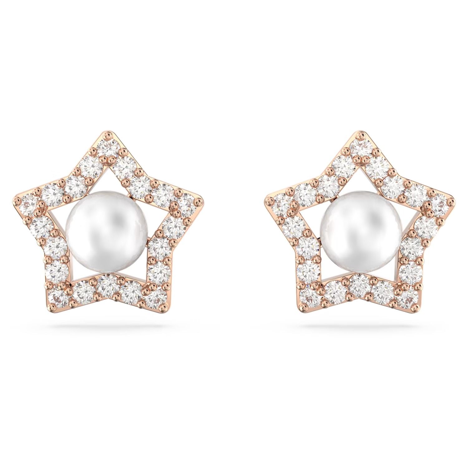 Khuyên tai Stella mix trai màu vàng hồng - Swarovski Stella stud earrings Round cut, Star, White, Rose gold-tone plated