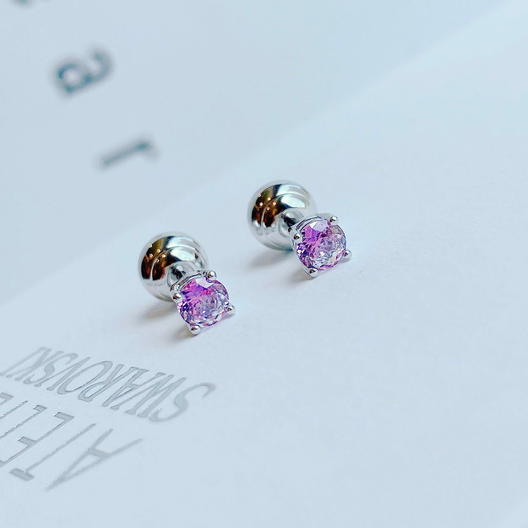Khuyên tai Swarovski Stilla nụ tím - Swarovski Stilla stud earrings Round cut, Purple, Rhodium plated