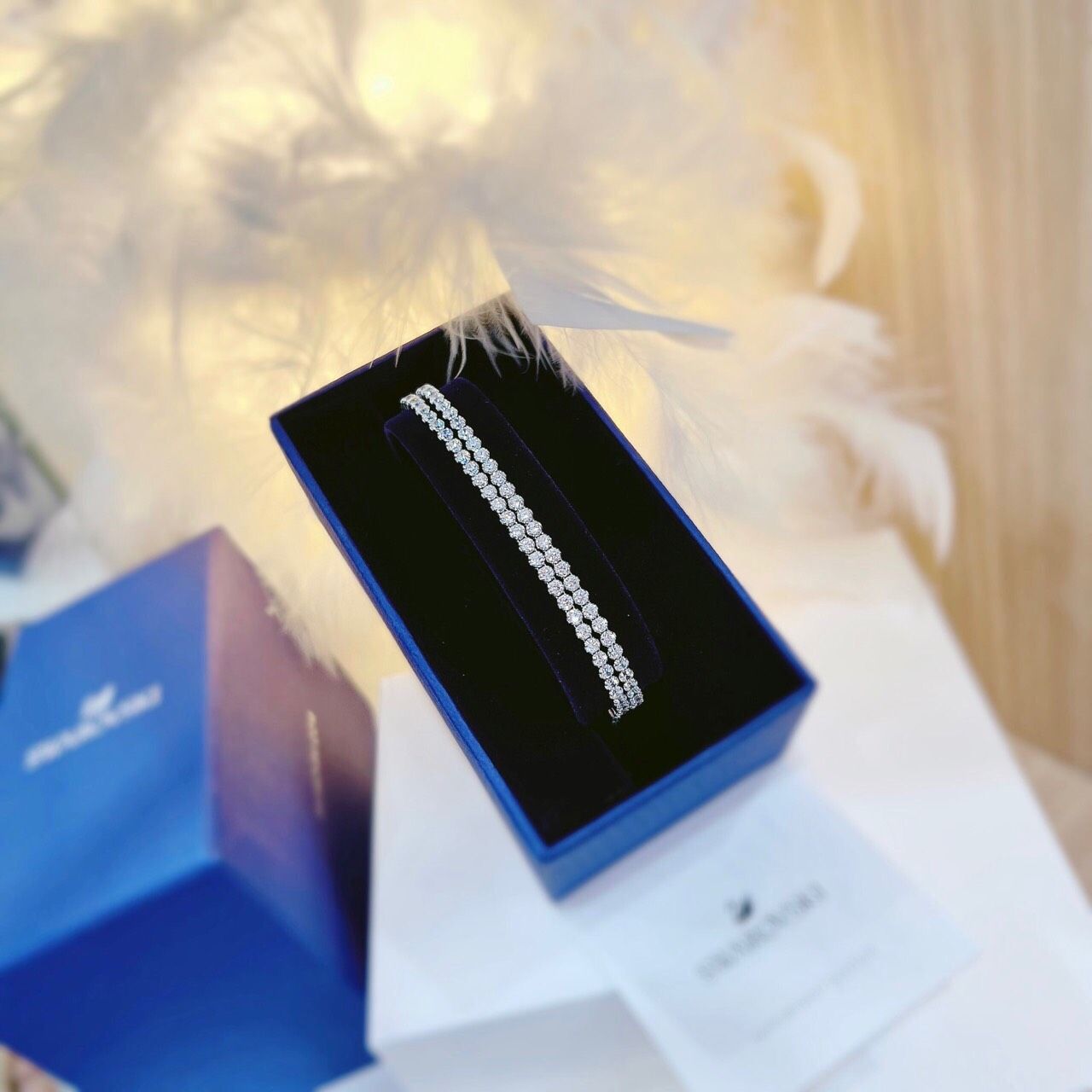 Lắc đá đôi Swarovski màu trắng/ vàng hồng - Swarovski Subtle bracelet Round cut, White, Rhodium plated