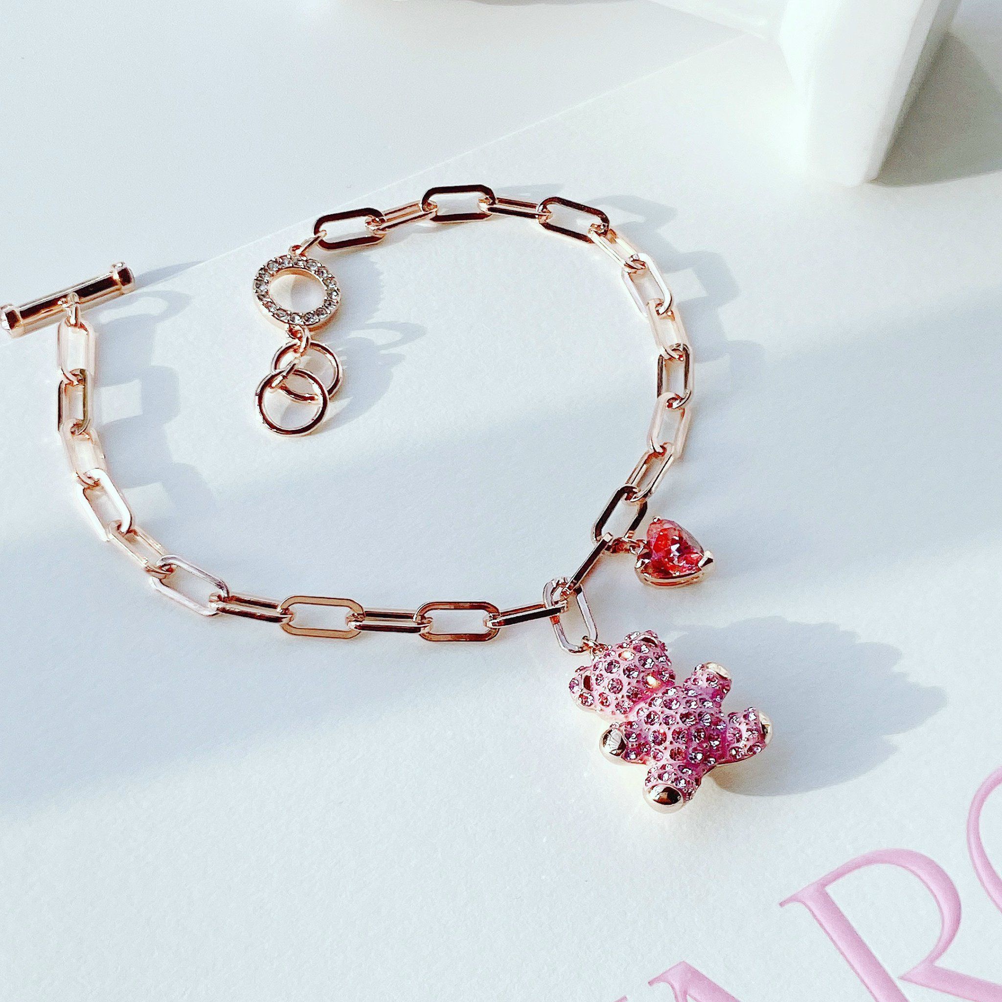 Lắc tay Teddy Swarovski vàng hồng siêu cute - Swarovski Teddy bracelet Bear, Pink, Rose gold-tone plated