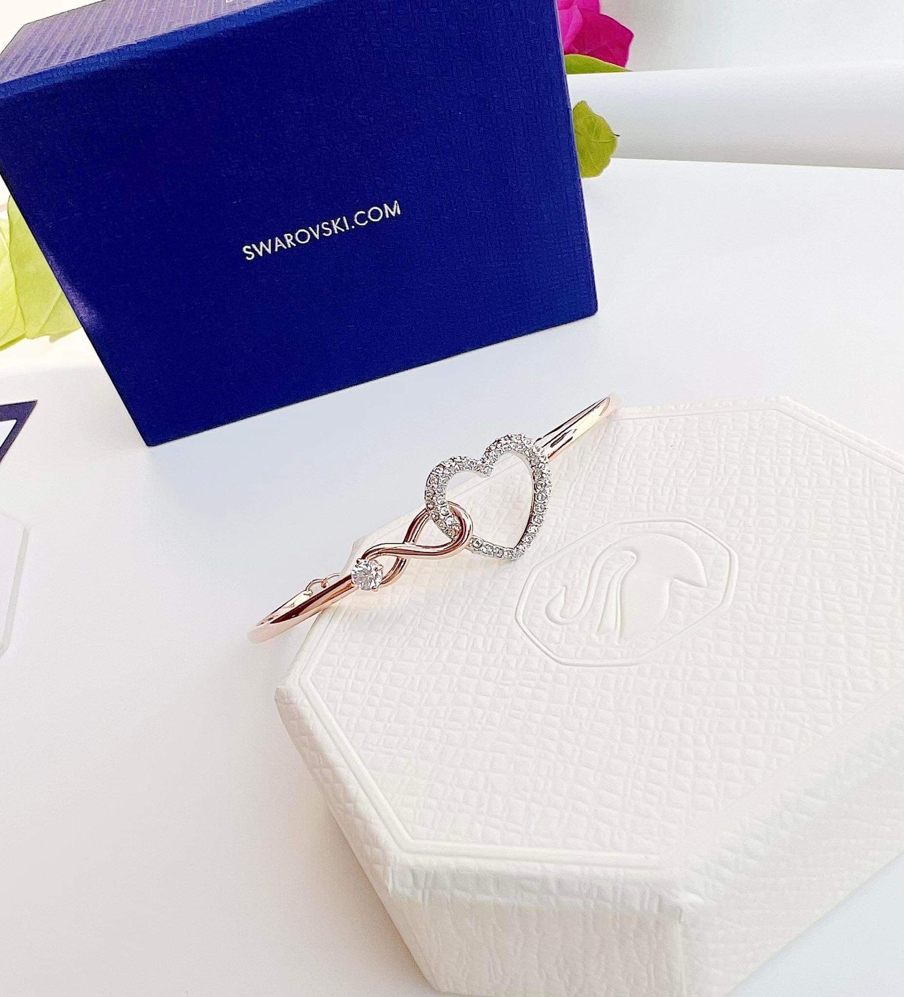 Lắc tay Swarovski Infinity tim màu vàng hồng - Swarovski Infinity bangle Infinity and heart, White, Mixed metal finish