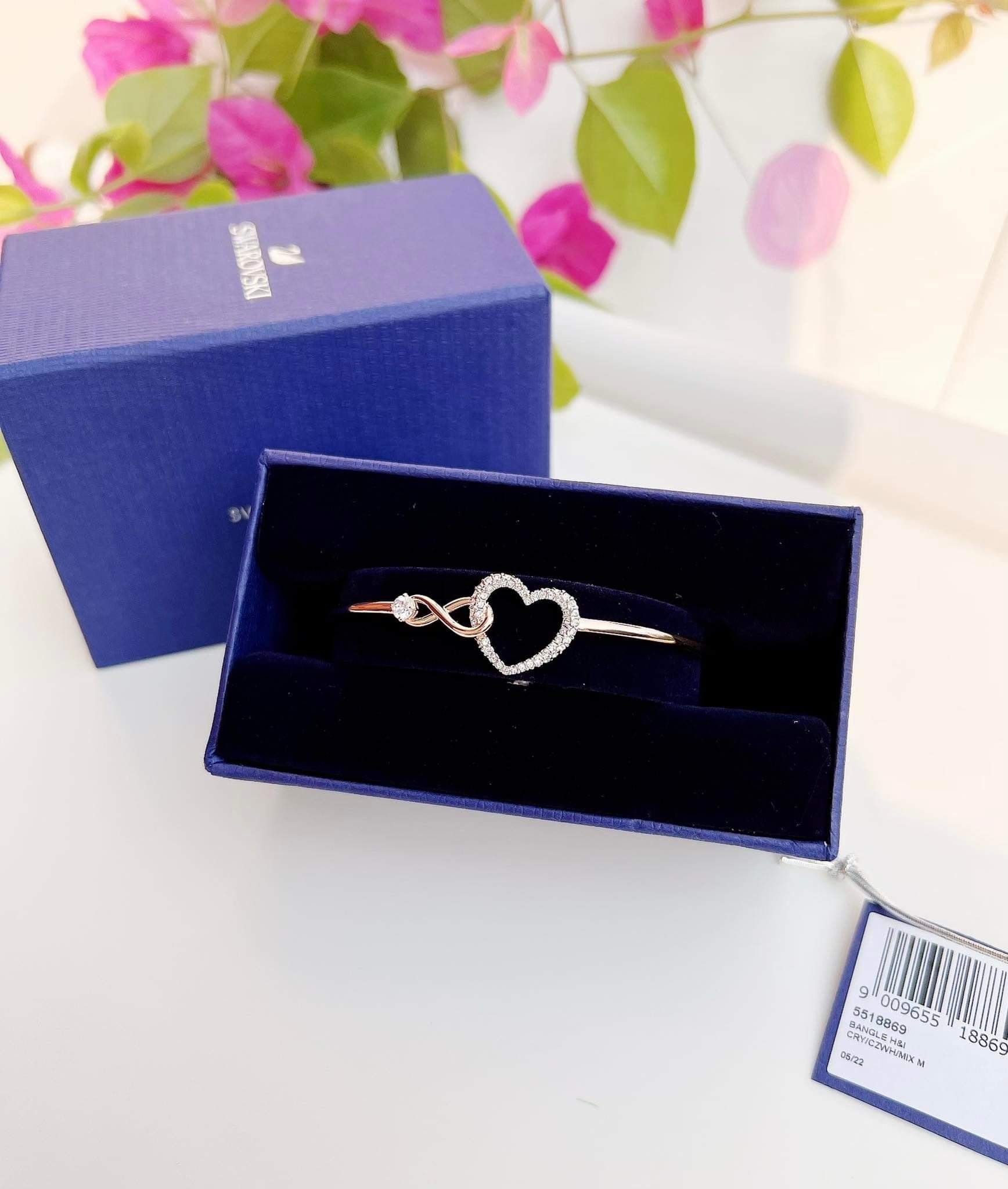 Lắc tay Swarovski Infinity tim màu vàng hồng - Swarovski Infinity bangle Infinity and heart, White, Mixed metal finish