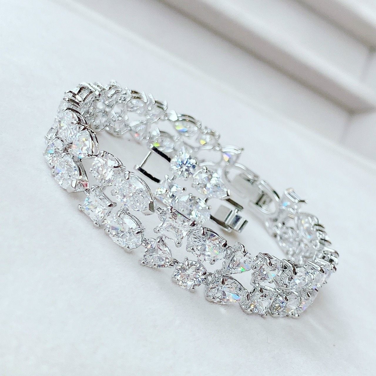 Lắc tay Swarovski Deluxe đôi sang trọng - Swarovski Tennis Deluxe Bracelet mixed Cuts, White, Rhodium Plated