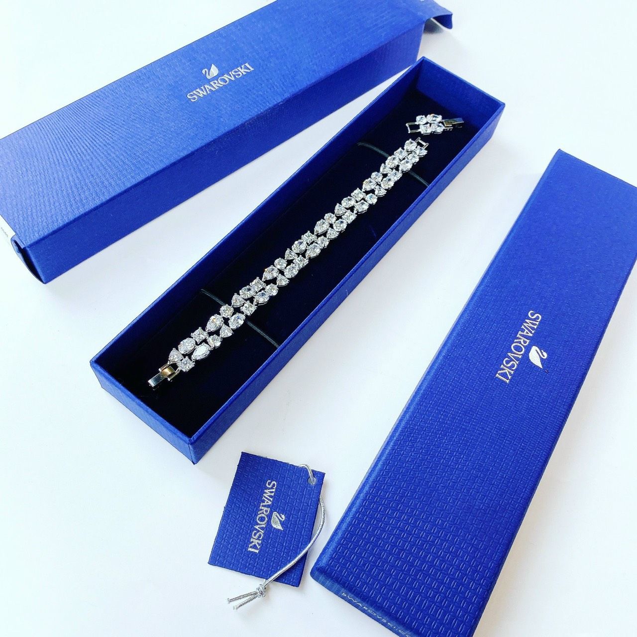 Lắc tay Swarovski Deluxe đôi sang trọng - Swarovski Tennis Deluxe Bracelet mixed Cuts, White, Rhodium Plated