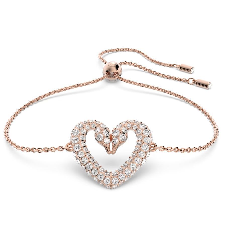 Lắc tay thiên nga chụm đầu Swarovski màu vàng hồng - Swarovski Una bracelet Heart, Medium, White, Rose gold-tone plated