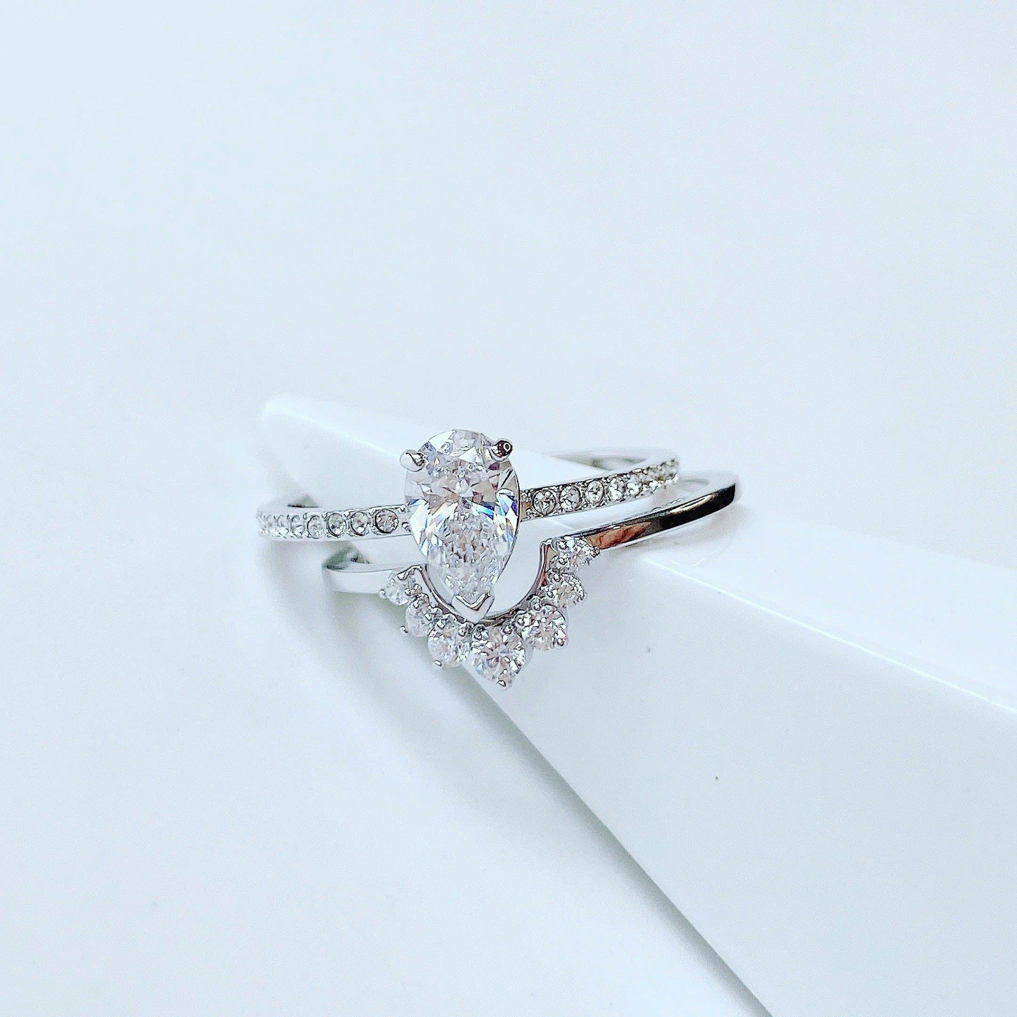 Attract Pear Ring Set White, Rhodium plated - Size 58