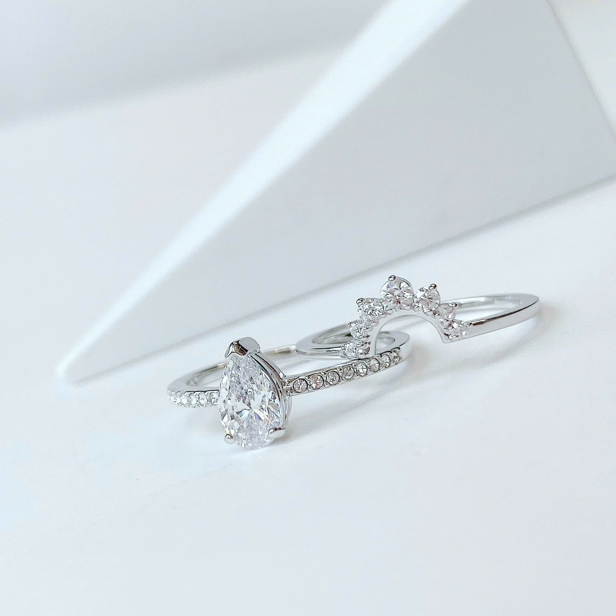 Attract Pear Ring Set White, Rhodium plated - Size 58