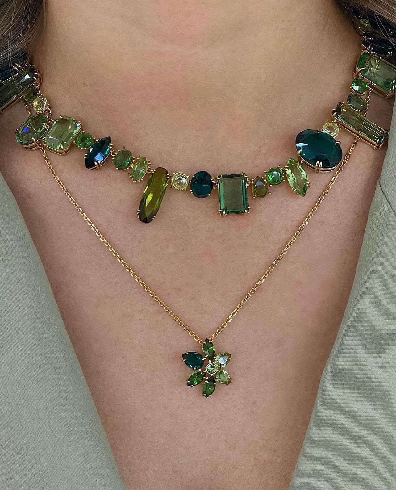 Gema necklace Mixed cuts, Green, Gold-tone plated