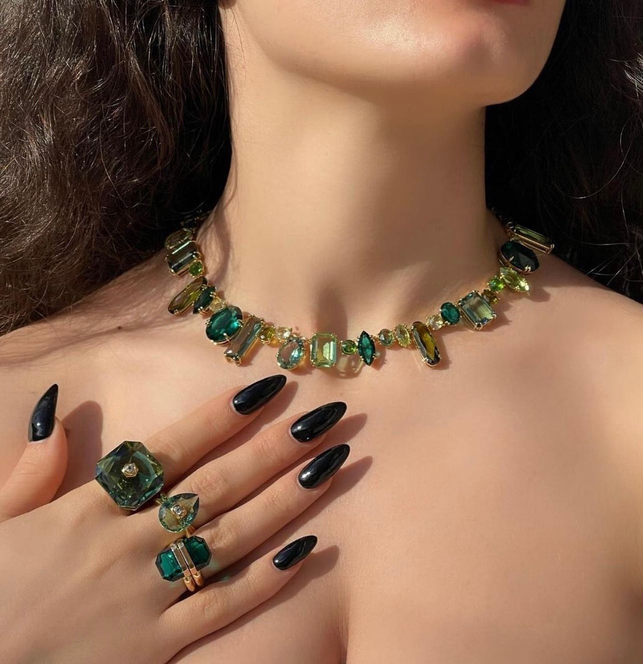 Gema necklace Mixed cuts, Green, Gold-tone plated